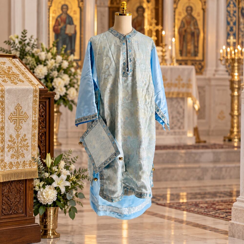 Eastern Orthodox Byzantine Vestment 6 Piece Set Blue Silver Sakkos Sticharion